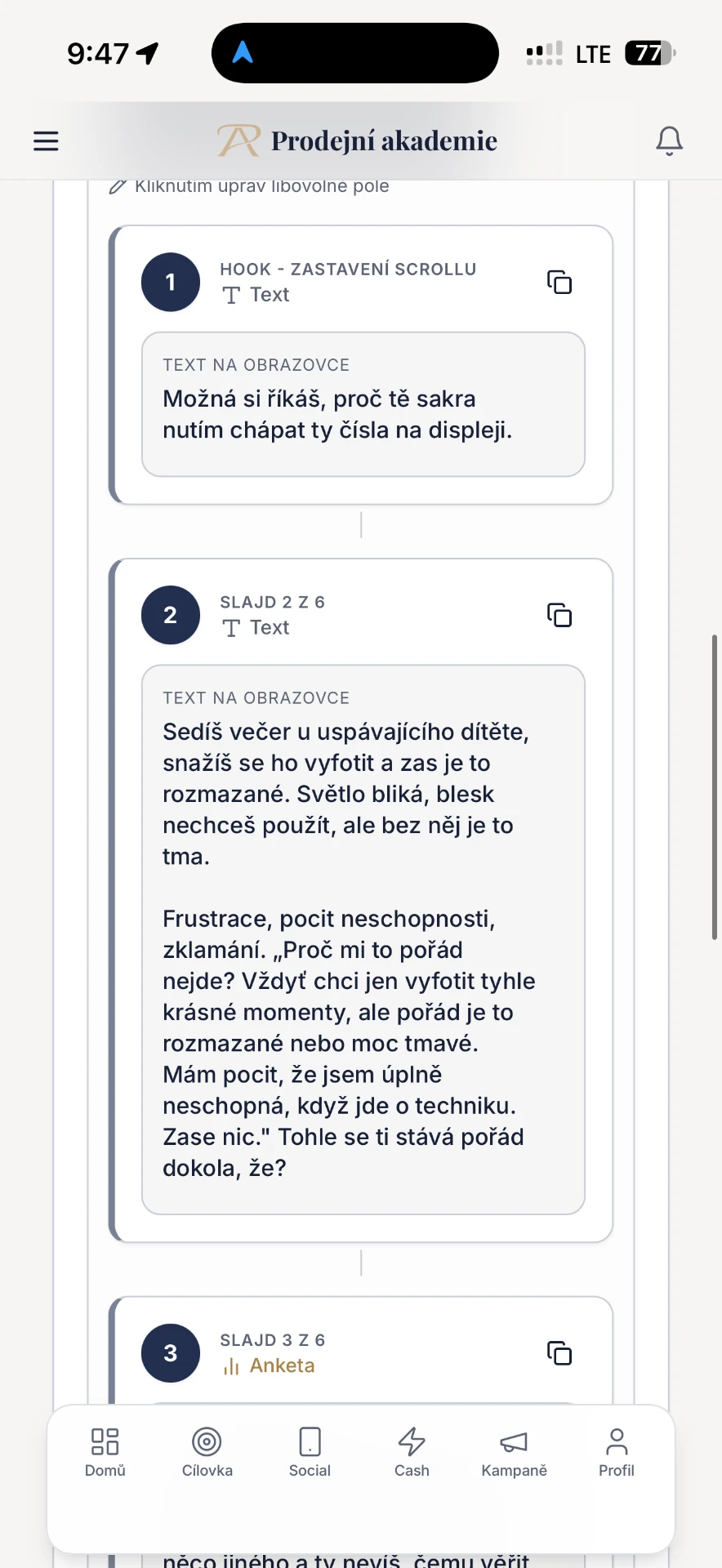Rozepsané slajdy carouselu po jednotlivých blocích