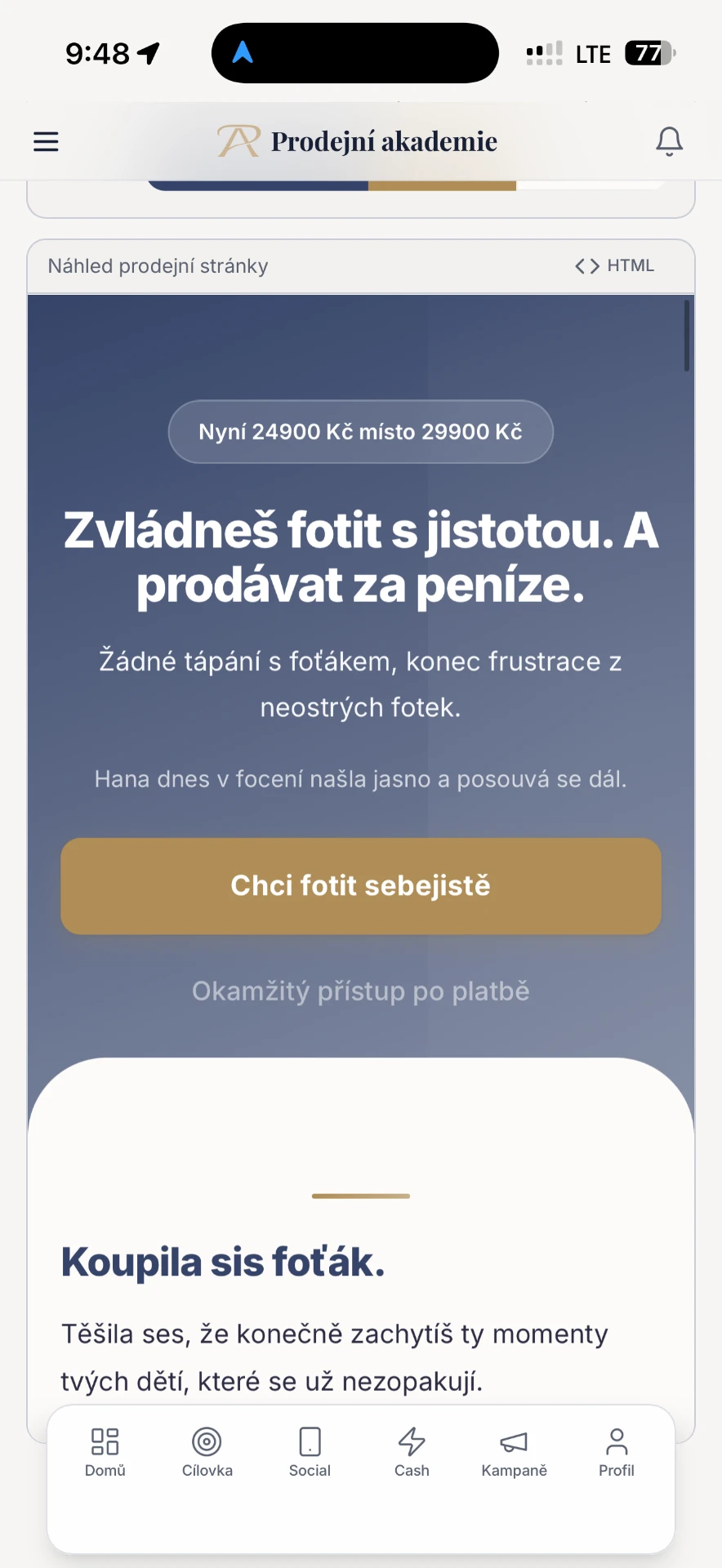 Náhled vygenerované prodejní stránky