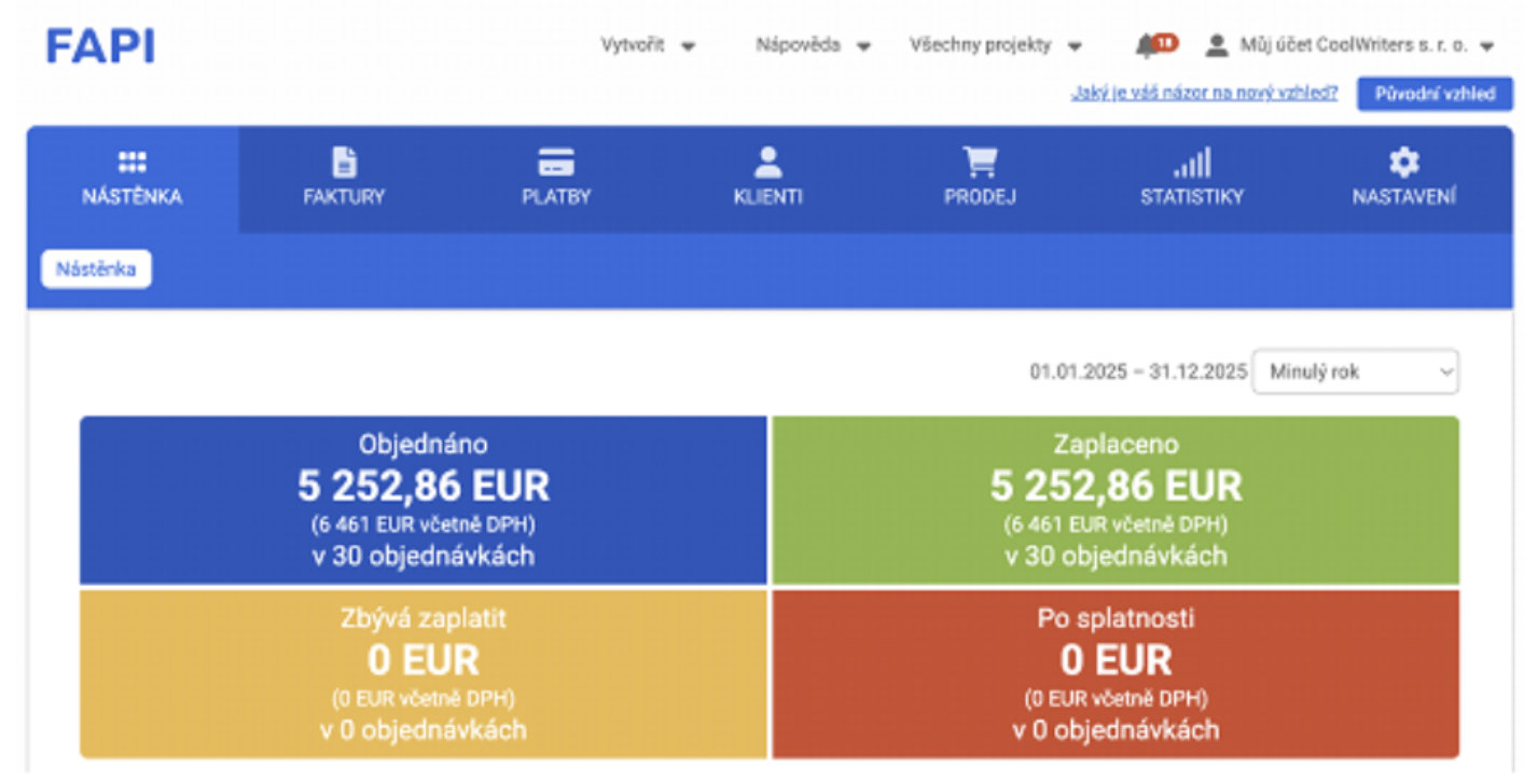 Přehled tržeb ve fakturačním systému FAPI