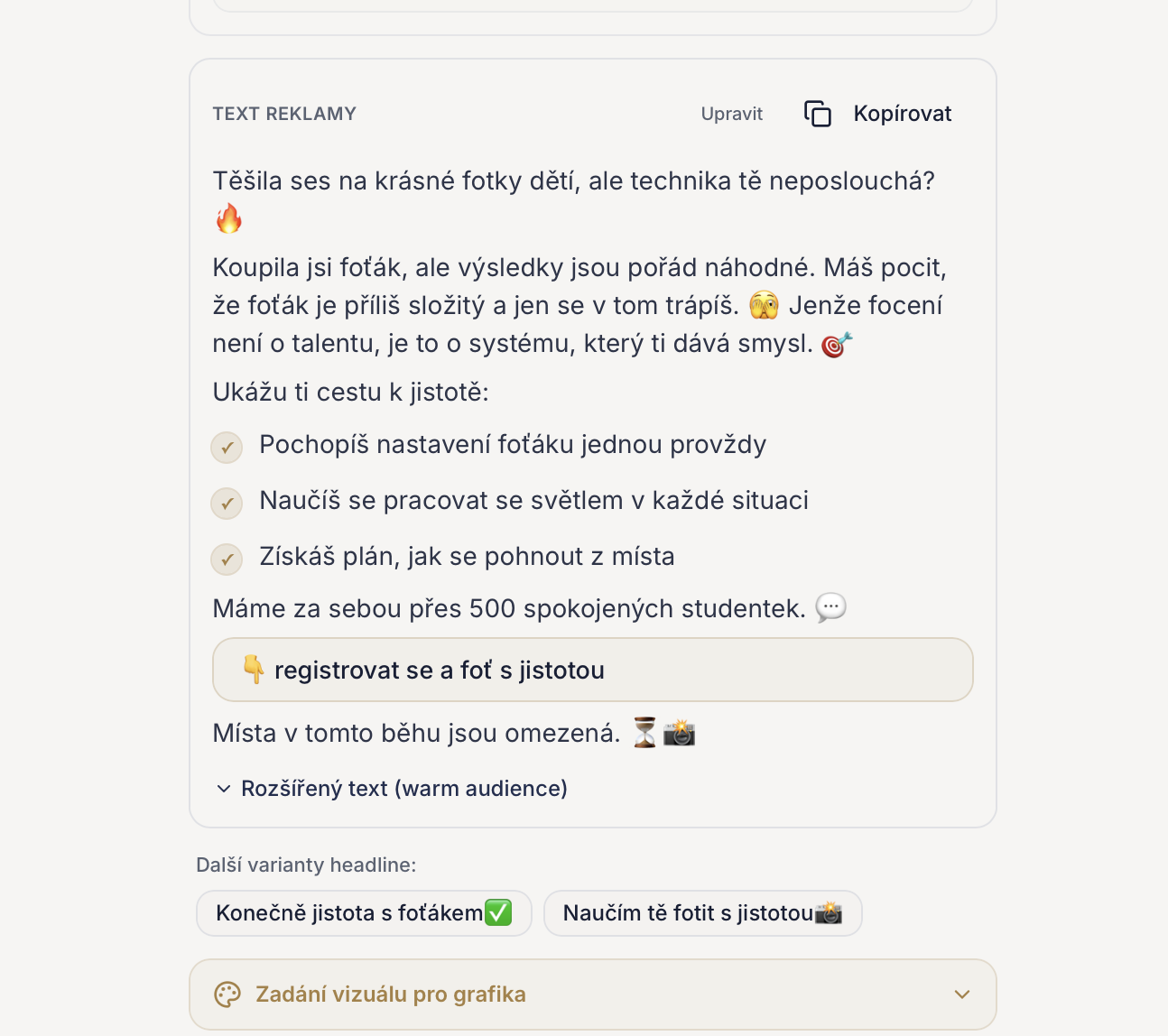 Náhled hotové reklamy včetně A/B variant prvního řádku