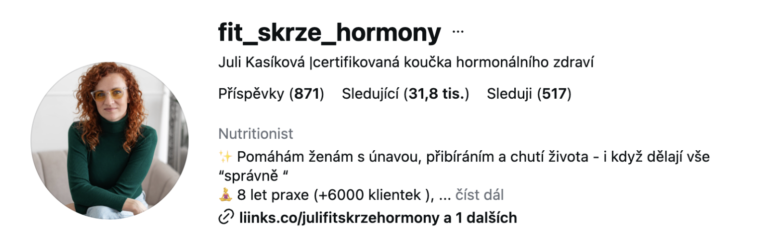 Instagram profil fit_skrze_hormony, Juli Kasíková, 31,8 tis. sledujících