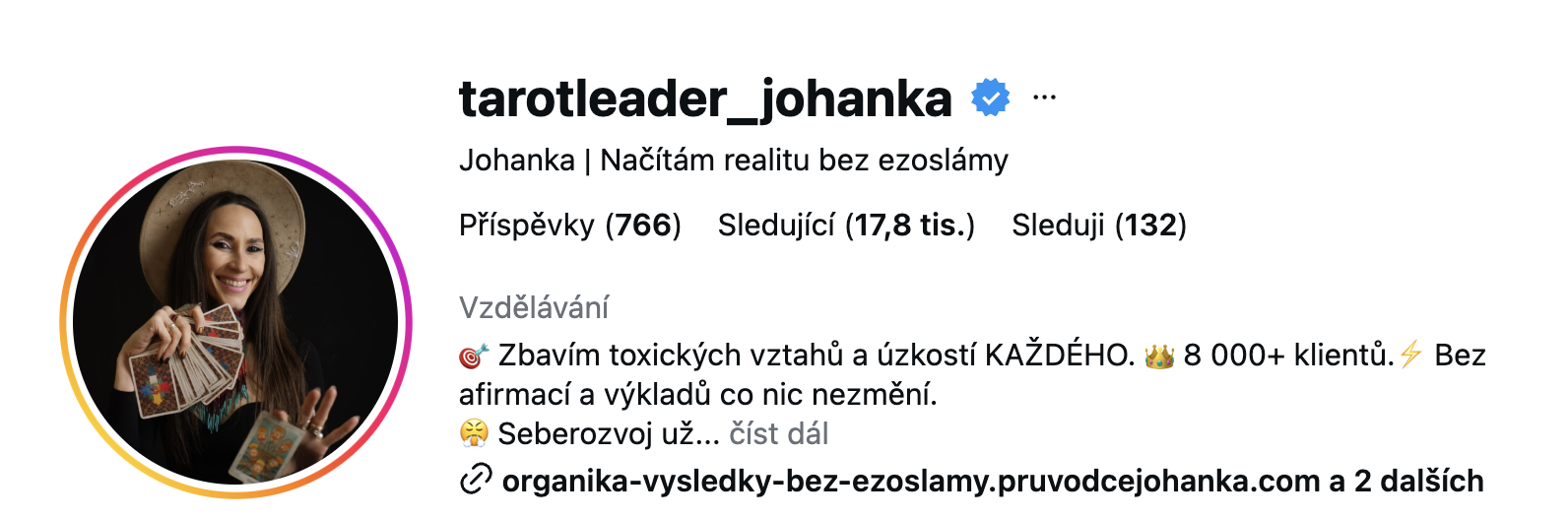 Instagram profil tarotleader_johanka, 17,8 tis. sledujících