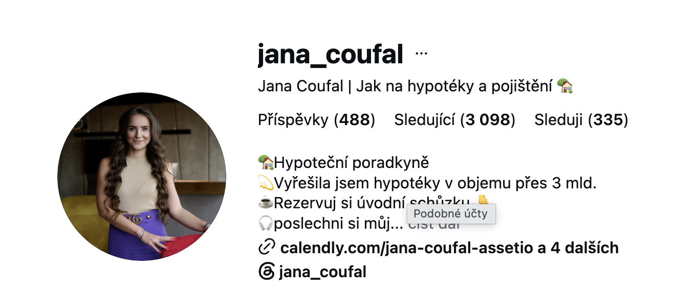 Instagram profil jana_coufal, hypoteční poradkyně, 3 098 sledujících