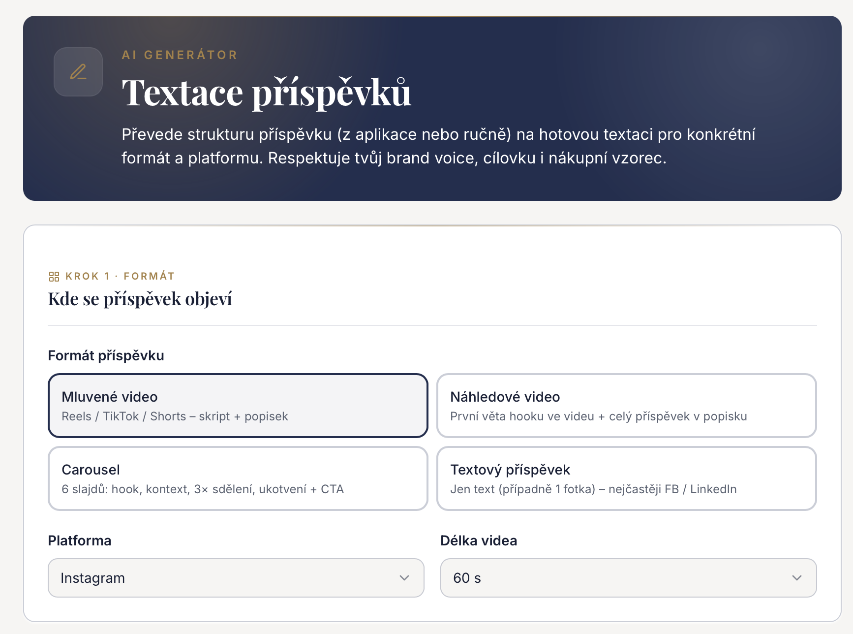 AI generátor textací příspěvků v aplikaci