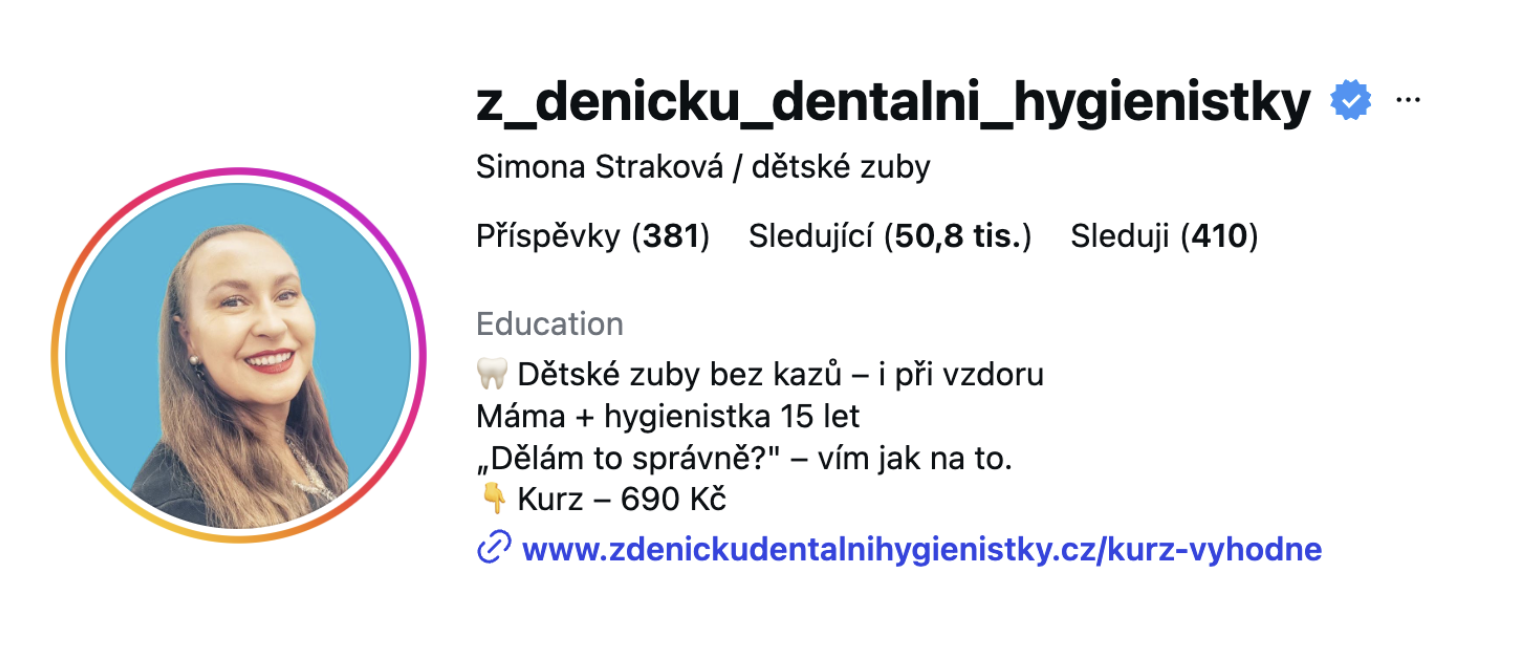 Instagram profil Simony Strakové, z_denicku_dentalni_hygienistky, 50,8 tis. sledujících