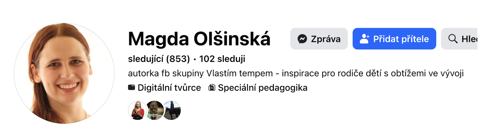 Facebook profil Magdy Olšinské, 853 sledujících