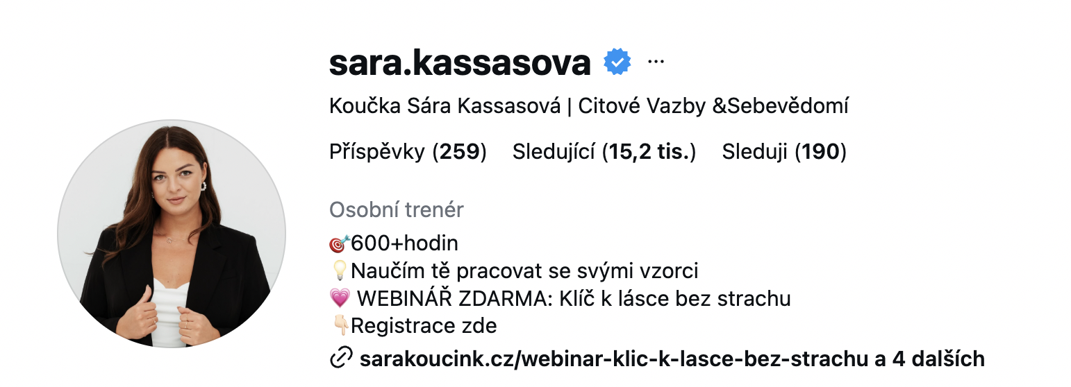 Instagram profil sara.kassasova, koučka, 15,2 tis. sledujících